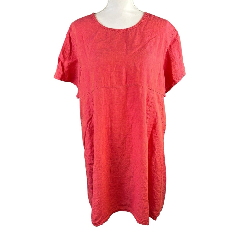 Bryn Walker Linen Tunic Dress M Made‎ in USA Coral Short Sleeve Pockets Relaxed